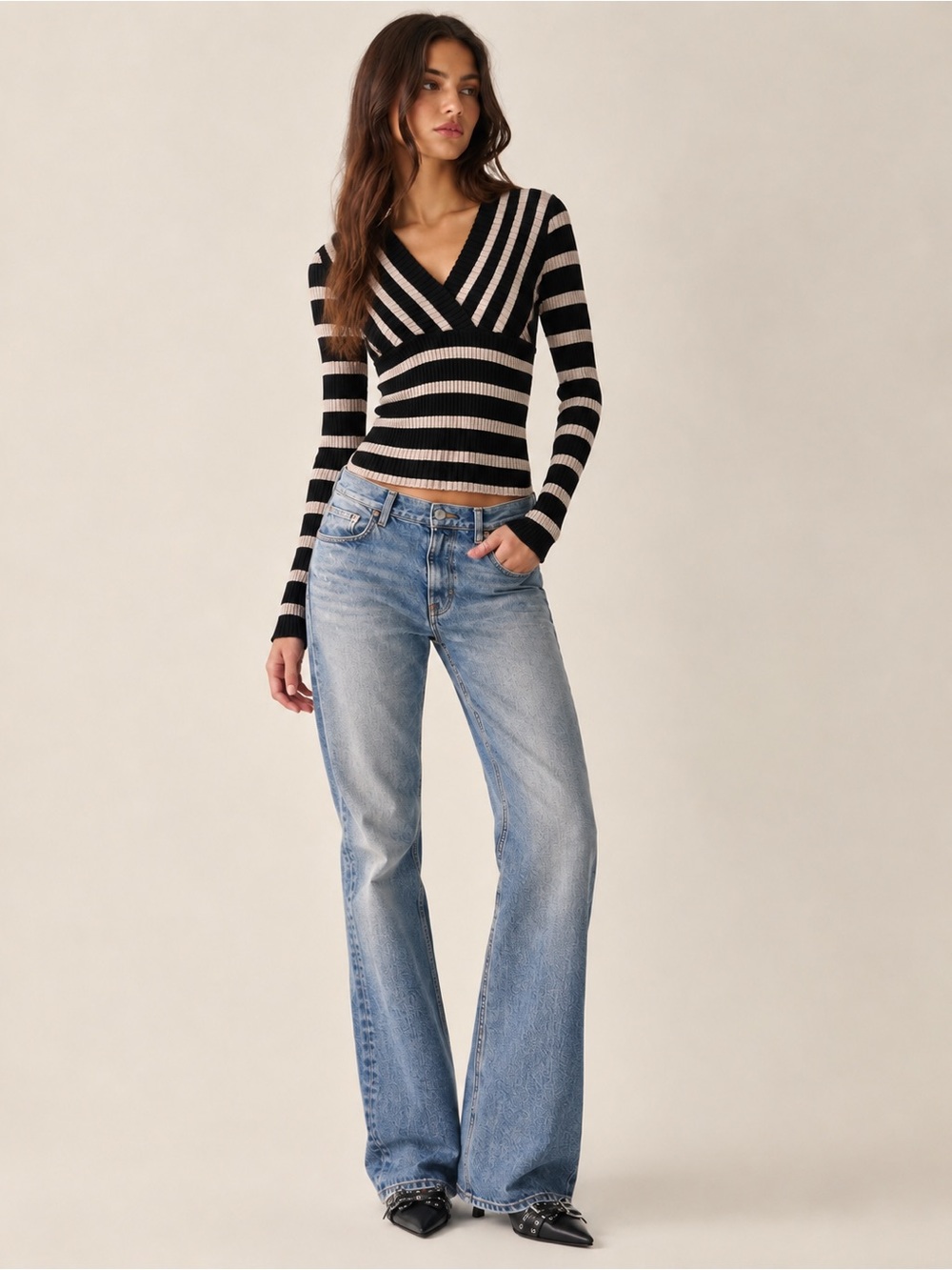 Y2K Black & Blush Metallic Striped Ribbed Sweater | Fitted V-Neck Size S